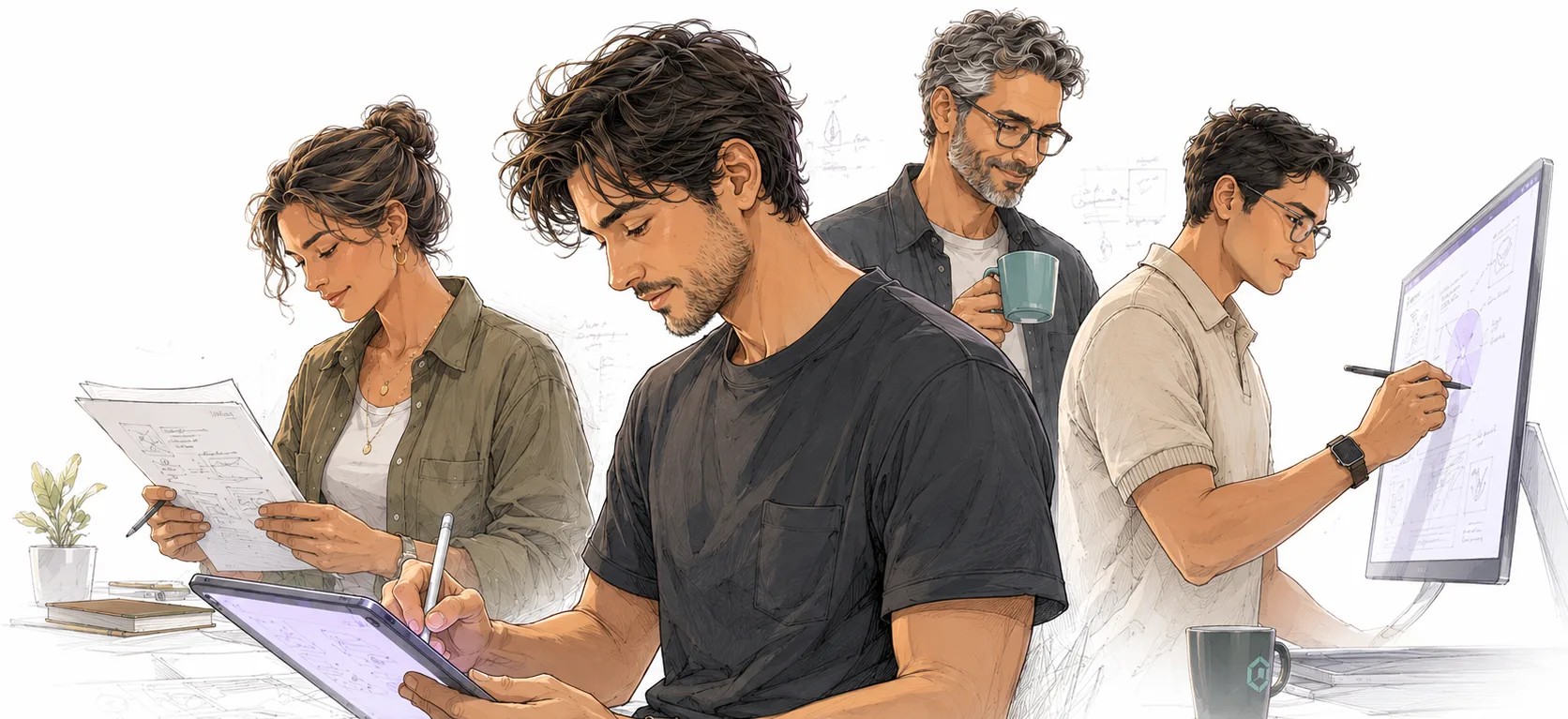 Illustration of four professionals planning and working through a project