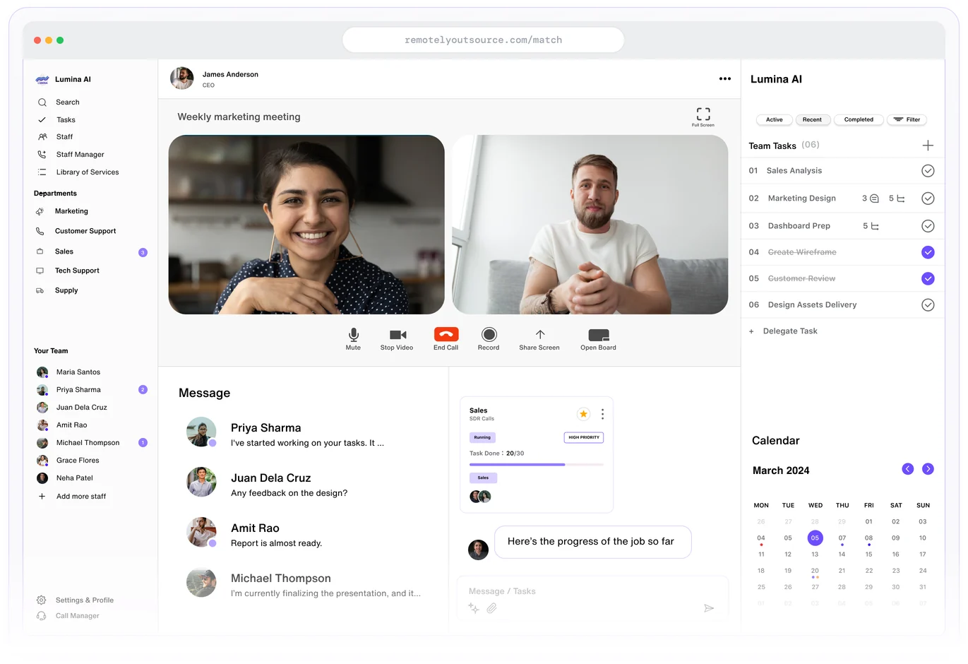 The Managed OS dashboard showing a video meeting, team tasks, messages and a calendar