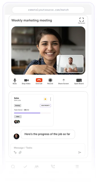The Managed OS dashboard on a phone, showing a video meeting and a task update